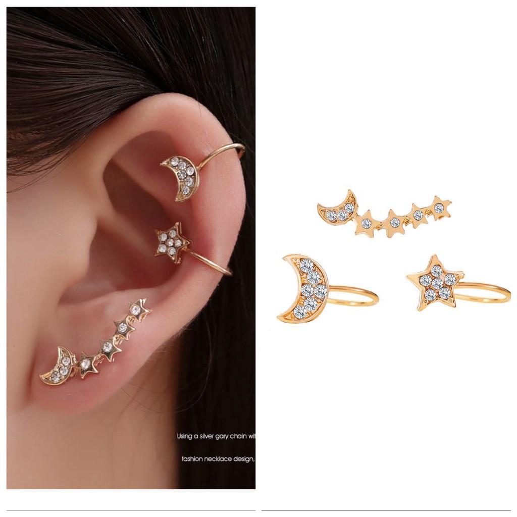 3pcs/set Anting Klip Tulang Telinga Bentuk Bintang Anting Imitasi Berlian Klip Telinga Bintang Bulan