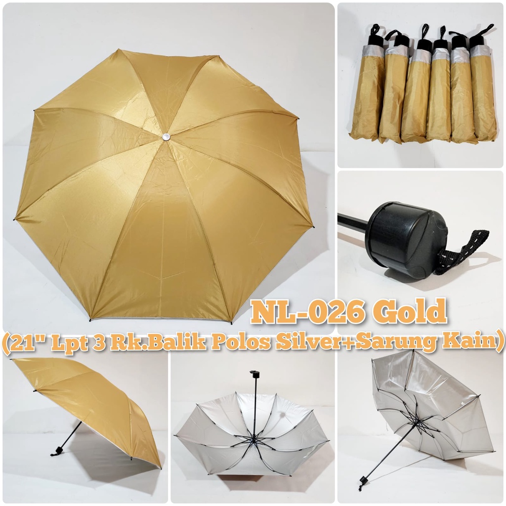 Payung Lipat 3 Rk.Balik Polos Gold Silver + Sarung kain / NAGOYA NL-026