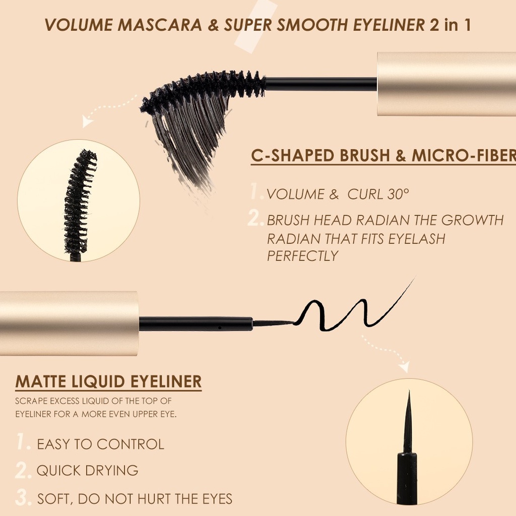 (READY &amp; ORI) Focallure Volume Lengthen Mascara &amp; Eyeliner 2 In 1 FA160 FA 160 2in1 maskara staymax stay max Tahan Lama Waterproof