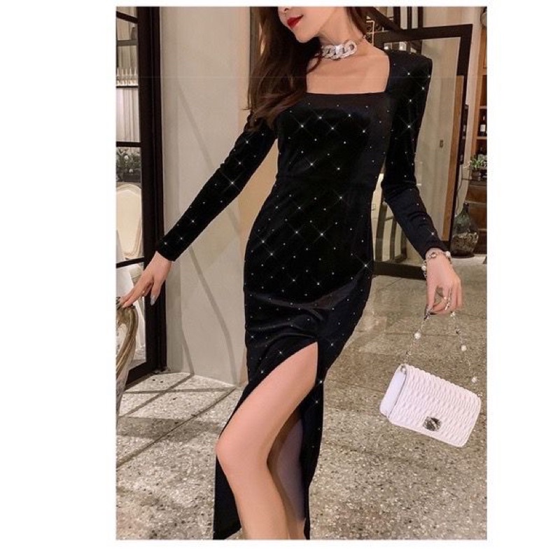 DB3 Korean velvet midi dress lengan panjang leher kotak polkadot blink blink / bodycon dress elegant / Party dress / gaun malam