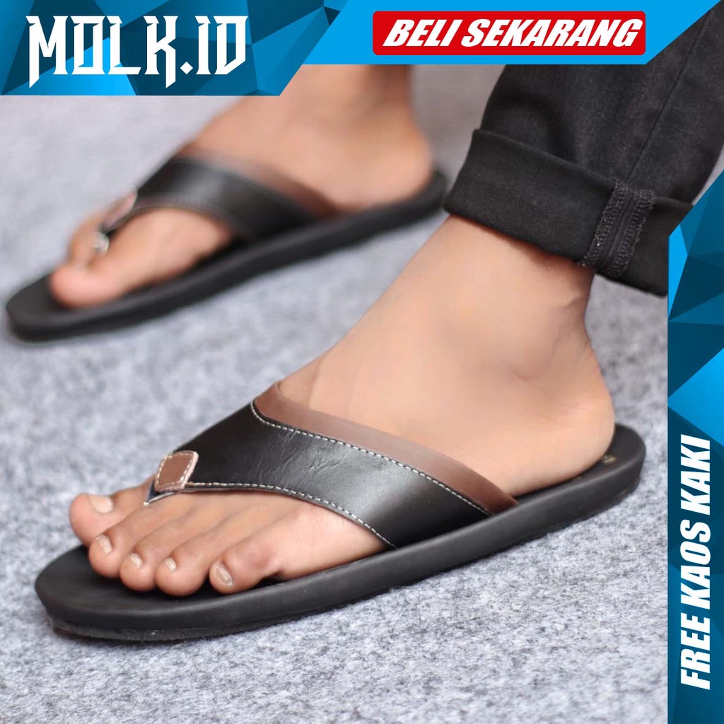 MOLK|Sandal Jepit Kulit Pria Original Kasual Santai Cowok Htam