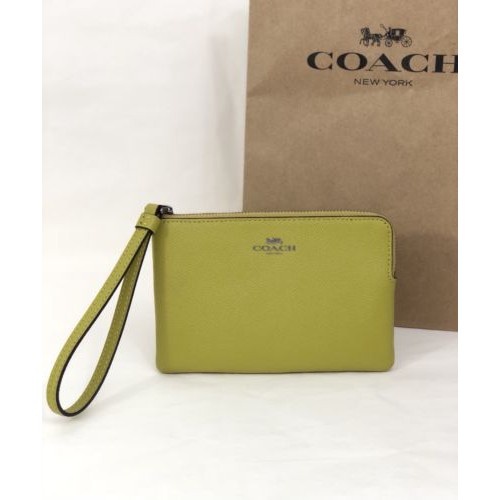 Dompet wanita zip NWT Coach F58032 Corner Zip Wristlet Wallet Crossgrain Leather Chartreuse