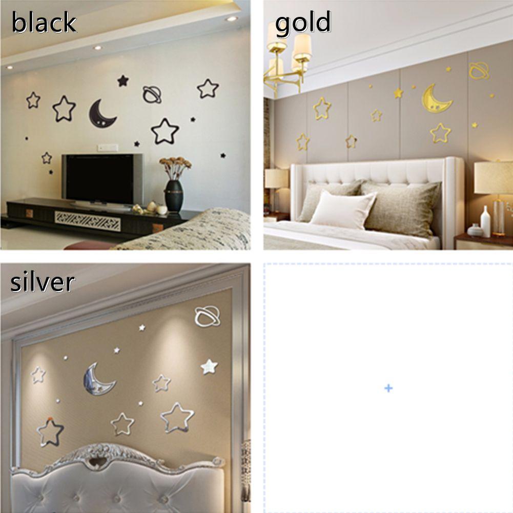 Populer Star Moon Planet Mirror Wall Sticker Dekorasi Rumah Cermin Kombinasi 3D Mini Sticker Mirror Art Wall Decor Mirror Sticker Cermin Reflektif Wallpaper