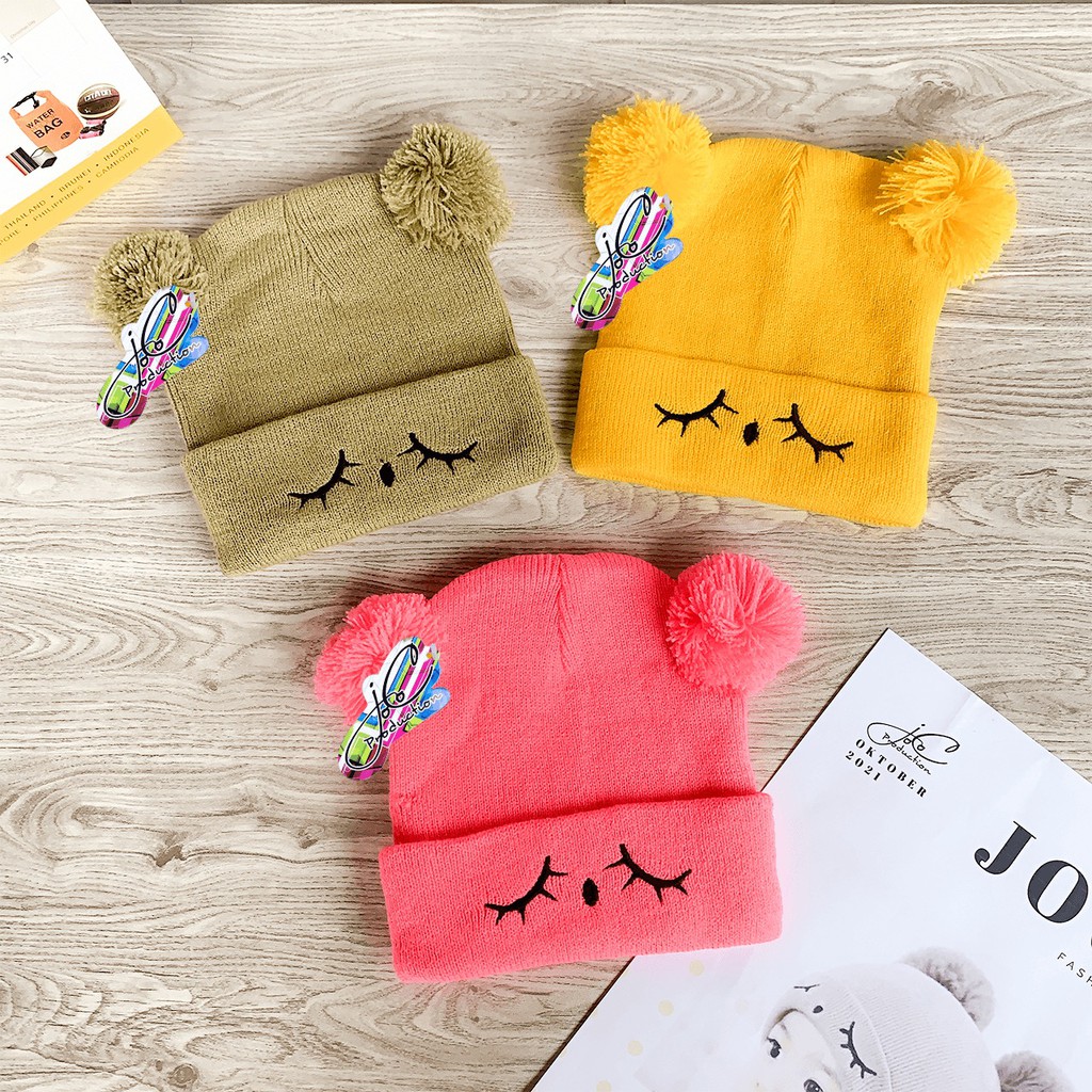 TOPI BAYI RAJUT POMPOM BORDIR MATA BEST QUALITY KUPLUK ANAK