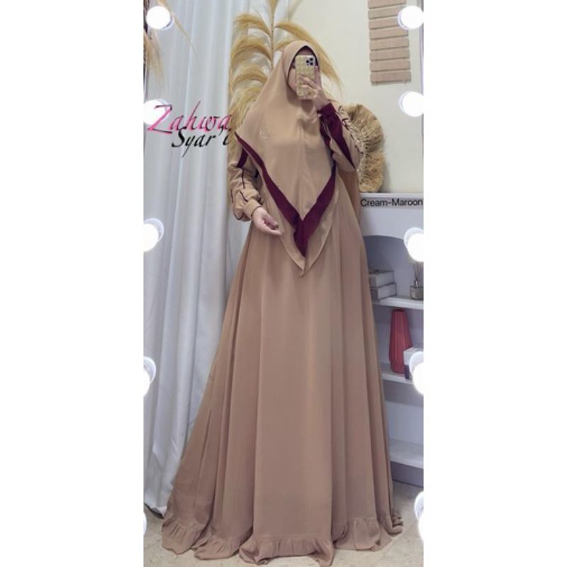 Gamis syar’i Zahwa bahan ceruty baby doll premium full furing / busui / resleting/original syar’i /o