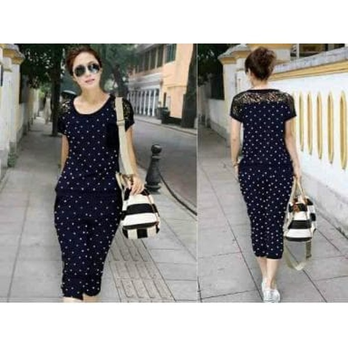 Gaun / dress wanita / cewe BR14740 R25 STELAN BRUKAT POLKA NAVY BAJU SETELAN WANITA DEWASA MURAH unt