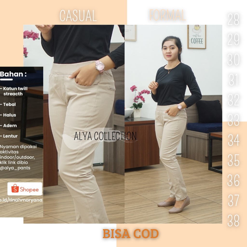 CELANA CHINOS WANITA PINGGANG KARET KEKINIAN KERJA CASUAL KATUN PREMIUM I CREAM