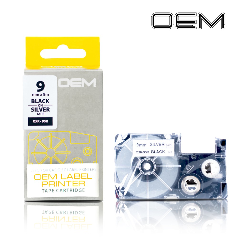 OEM TAPE EZ LABEL CASIO 9MM BLACK INK SILVER (OXR-9SR)