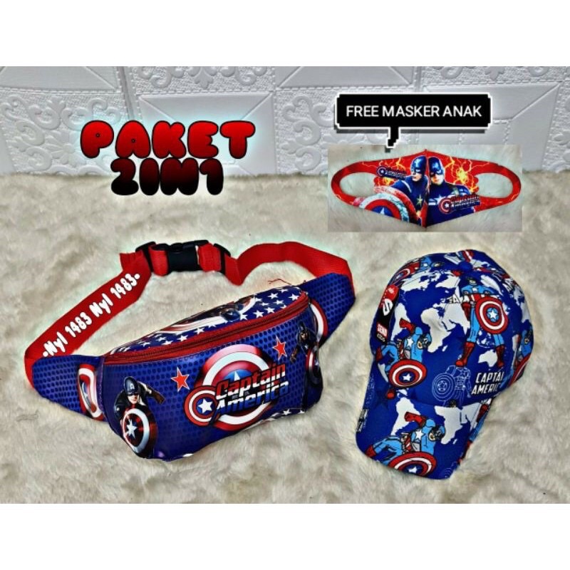 (BISA COD) PAKET 2 IN 1 ,WAISTBAG ANAK LAKI LAKI MOTIF SUPERHERO DAN TOPI ANAK LAKI LAKI MOTIF CAPTAIN AMERIKA FREE MASKER