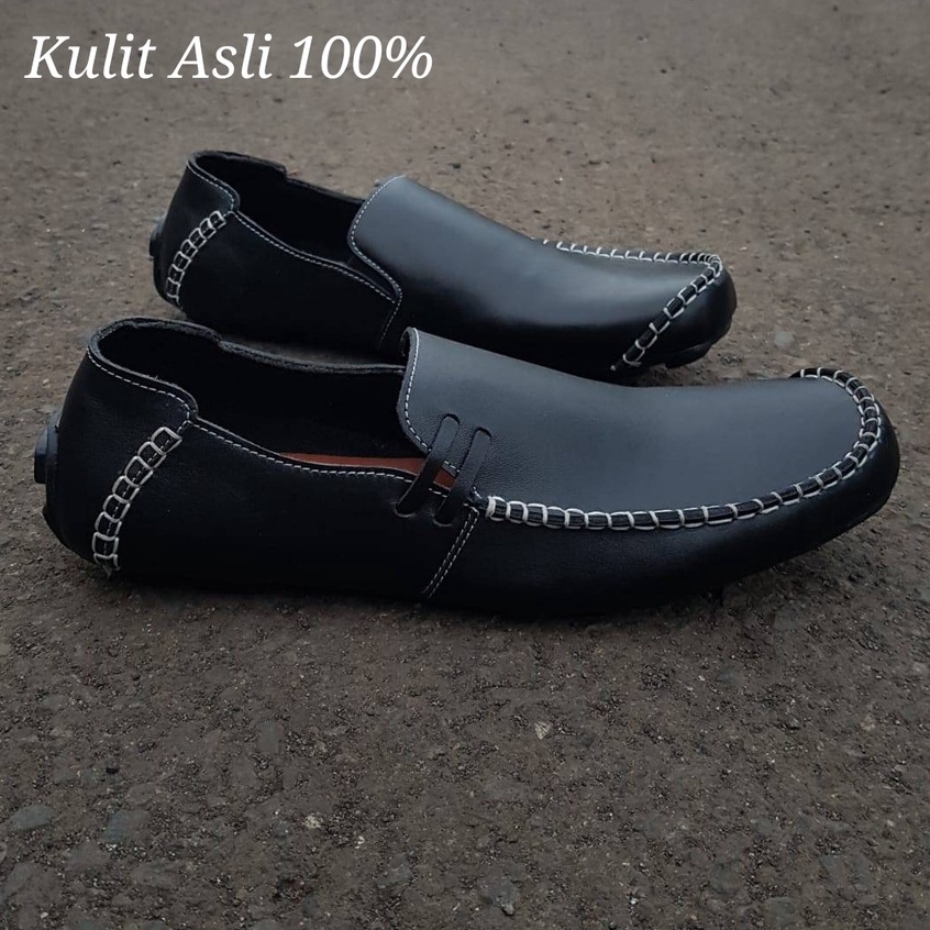 Slop Loafers Pria Kulit Asli Rajut Samping Kasual Keren Sepatu Gaya Kekinian Remaja Slip On Cowo Lelaki Trendy Enoz Ninja