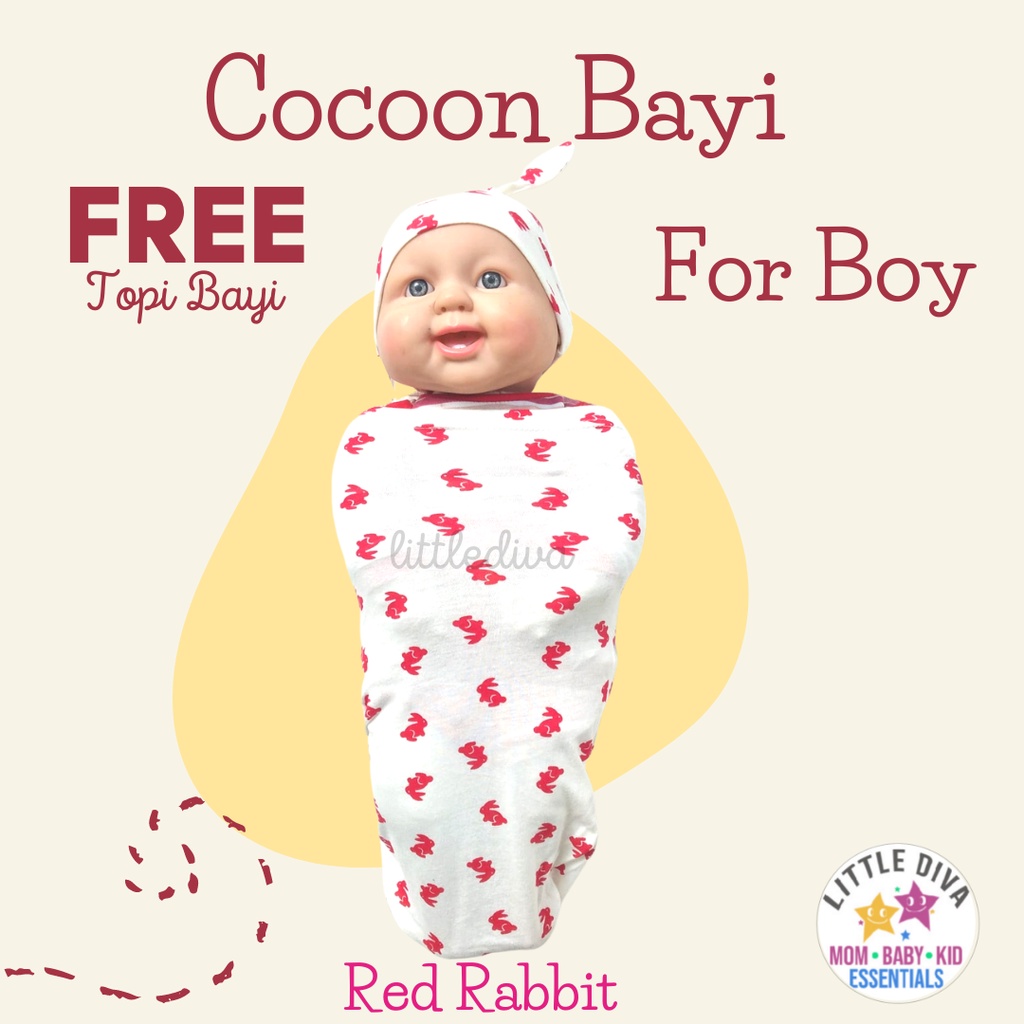 COCOON BABY WRAP Bedong Bayi Instant Red Rabbit FREE HEADWRAP ATAU TOPI Bedong Instan Newborn coocoon AKACHAN