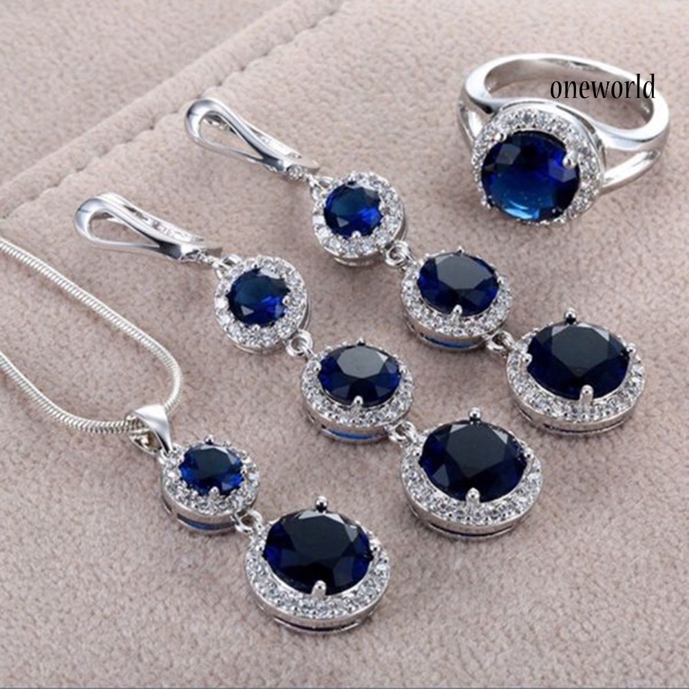 OW@ Elegant Women Round Rhinestone Pendant Chain Necklace Earrings Ring Jewelry Set