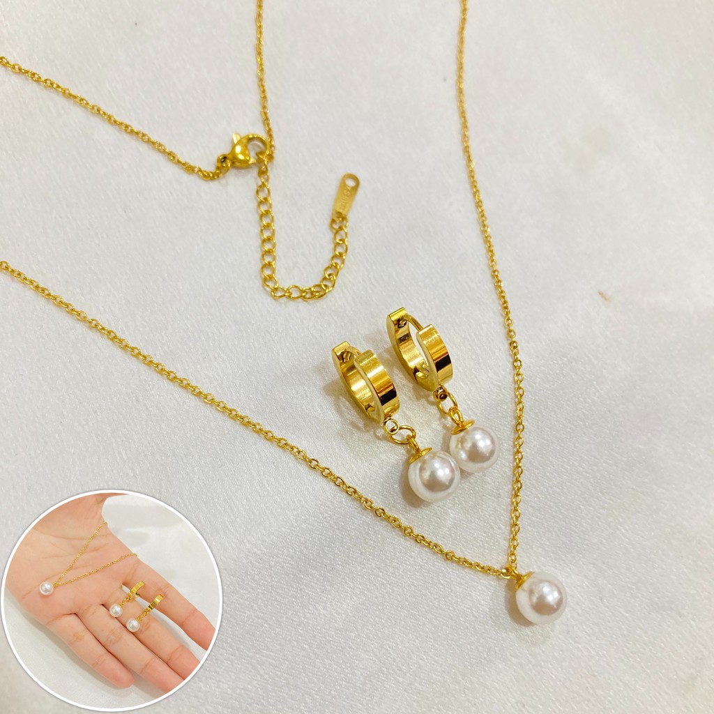 Set Perhiasan Kalung Anting Mutiara Bahan Titanium Anti Karat Korean Anti Karat Anti Alergi