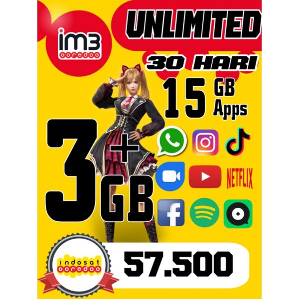 Voucher Indosat 3GB Unlimited 30Hari