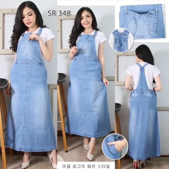Baju Overall Dress Jumpsuit Rok Kodok Polos Panjang Bahan Jeans Lentur