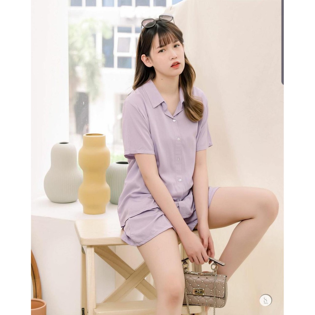 daily set  One set strady basic / setelan kemeja wanita polos/baju santai/pajama gradasi-Lilac