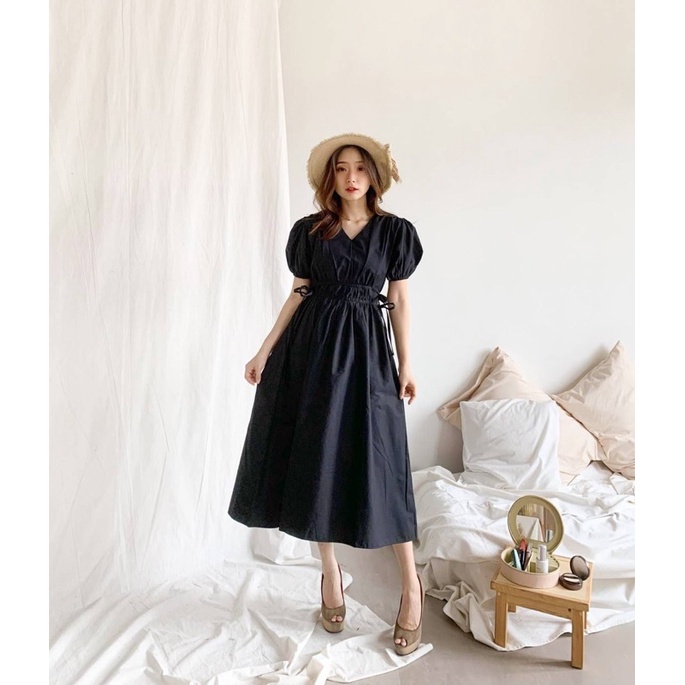 UNAGI DRESS KOREAN VINTAGE CASUAL MIDI SUMMER NATAL CHRISTMAS MAROON WHITE BLACK CREAM RED GREEN POP