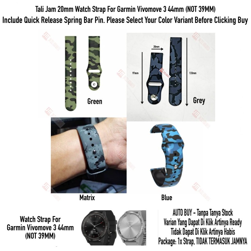 RMY Tali Jam 20mm Watch Strap Garmin Vivomove 3 44mm (BUKAN 39MM) - Camo Army Rubber Silikon