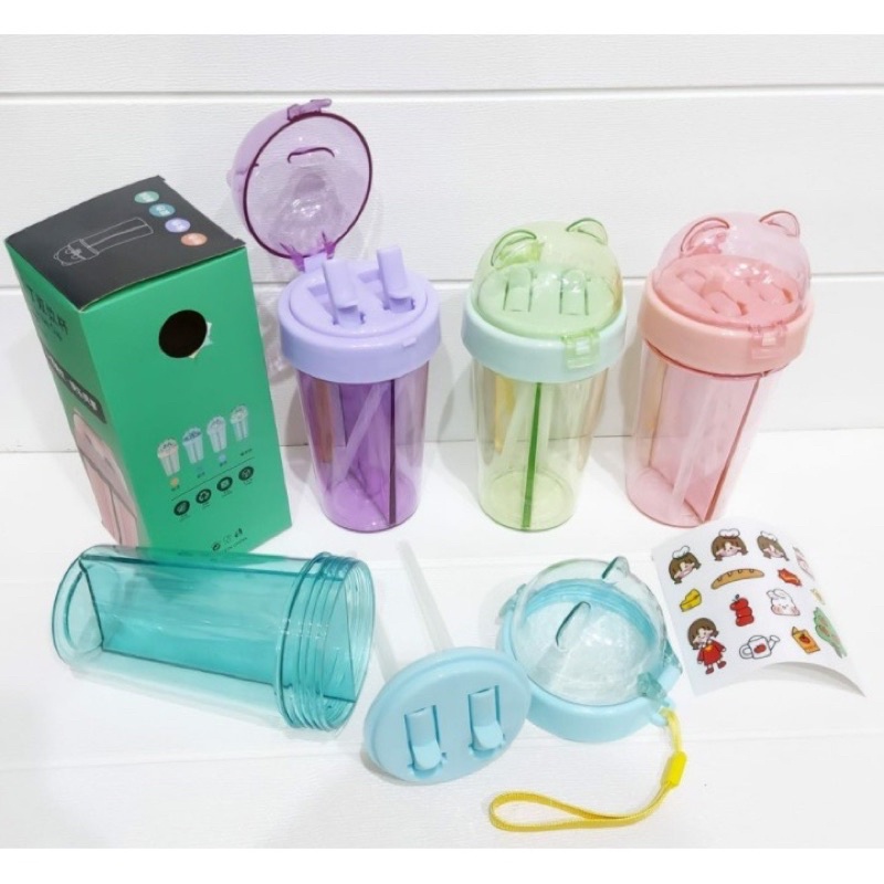 BOTOL MINUM DUA SISI/BOTOL 2 TEMPAT KEPALA BERUANG 420 ML ADA SEDOTAN DAN TALI FREE STICKER