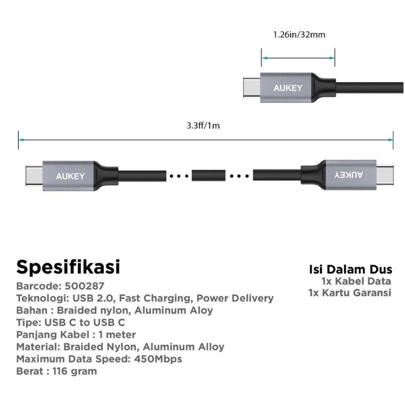 Kabel Charger Type C Aukey Cable CB-CD5 1M Braided USB 2.0 - 500287