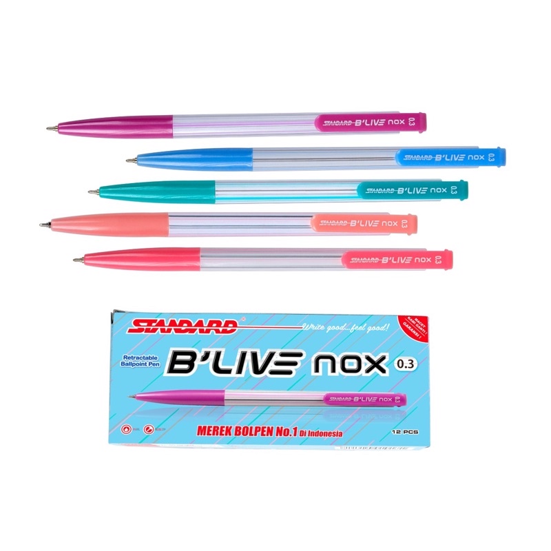 

Standard Pen - Pulpen/Pena/Ballpaint B'live Nox 0.3 Black (Tinta Warna Hitam Isi 12 pcs)