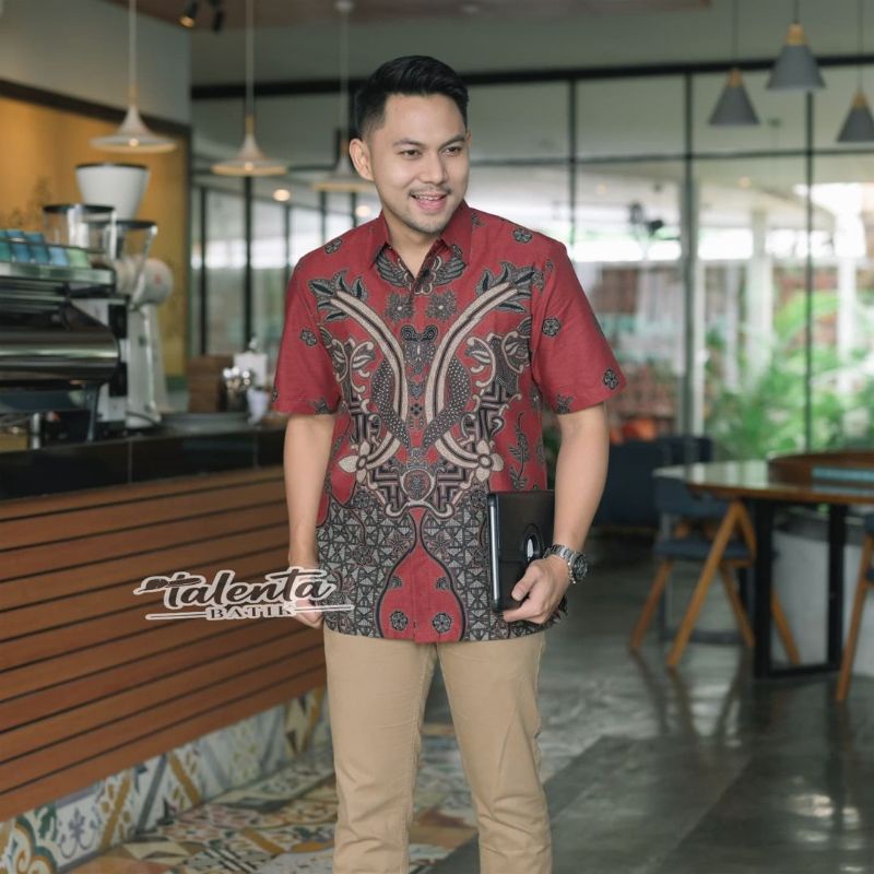 Baju Kemeja Batik Pria Cowo Lengan Pendek Seragam Merah BG49