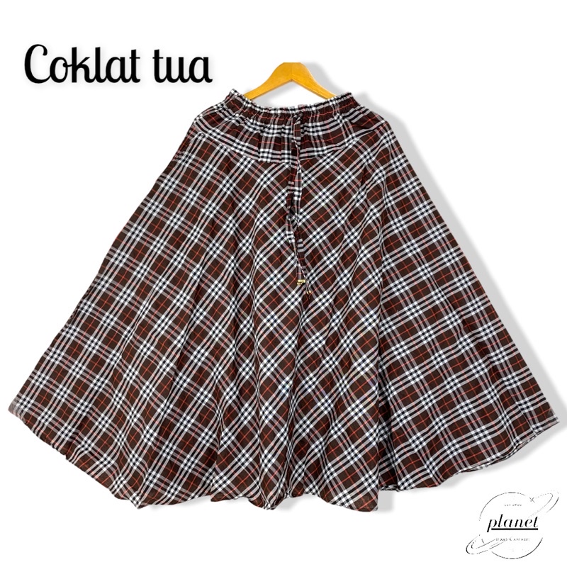 ROK KOTAK KOTAK PANJANG WANITA ROK PAYUNG MAYUNG ROK PANJANG ROK MUSLIMAH MUSLIM DEWASA BAHAN KATUN PINGGANG KARET TALIAN-Coklat tua
