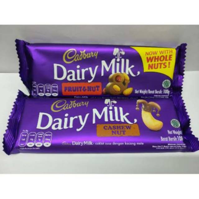 

COKLAT CADBURY 100 Gram / CADBURY FRUIT & NUT / CADBURY CASHEW & NUT / DAIRY MILK