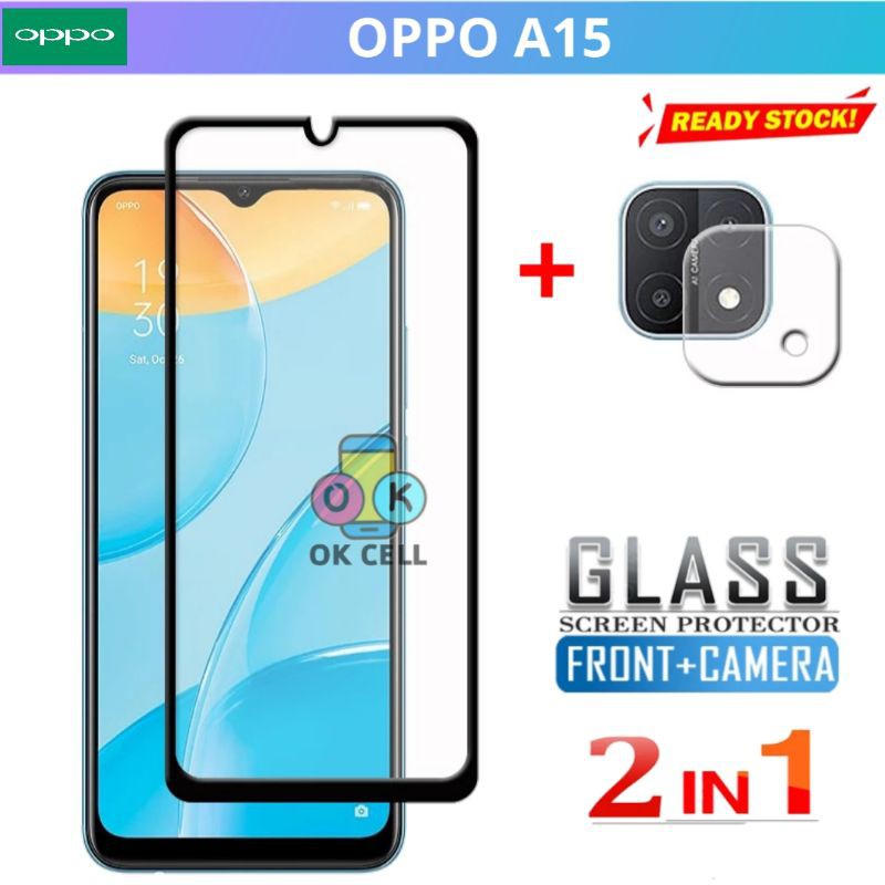 2in1 Tempered Glass Tg Anti Gores Full Layar Kamera Belakang Oppo A15 Screen Protector Premium