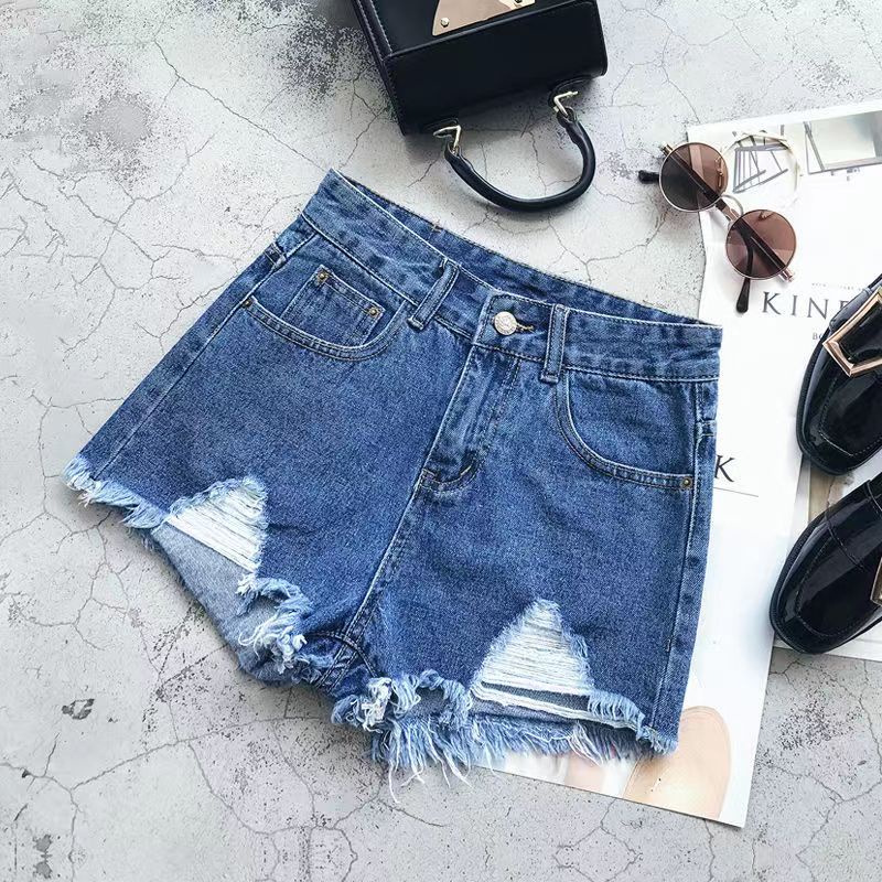 【Promo】Blue celana jeans pendek wanita hot pants jeans ripped kakinian dewasa high waist hitam santai cewek