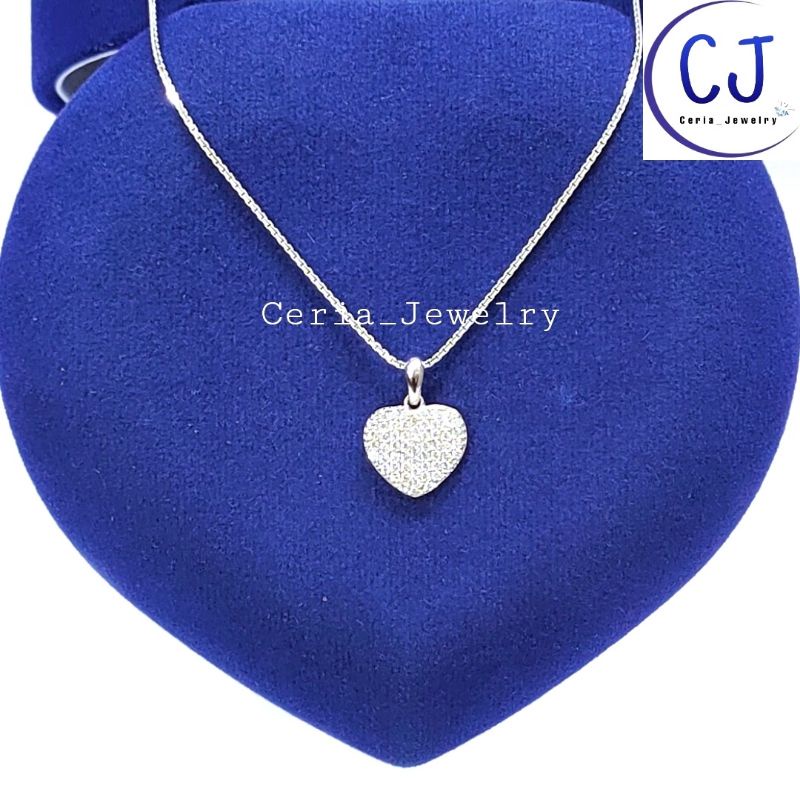 Kalung Perak Asli 925 Silver Lapis Emas Putih Rantai Italisanta Liontin Love Gepeng Permata full - Perhiasan Perak Asli