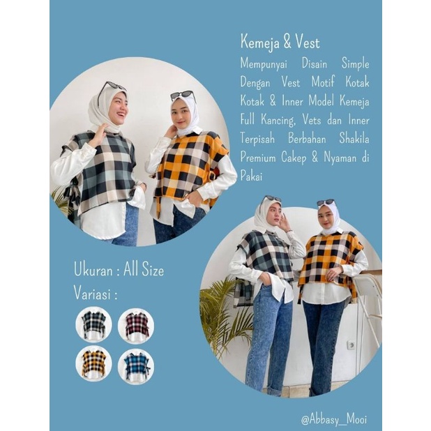 Baju Atasan 2in1 Set Kemeja Vest Knit Kotak Kotak Wanita Lengan Panjang Kekinian Terbaru Vest Wanita