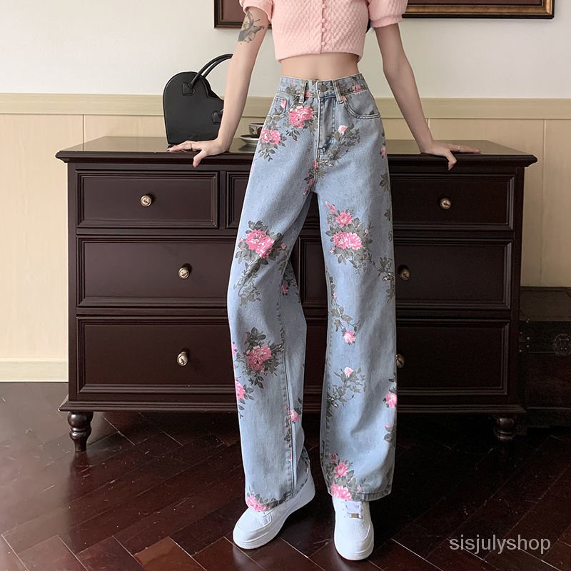 #Sisjuly# Rose jeans wanita baru longgar pinggang tinggi dicetak celana panjang berkaki lebar berkak