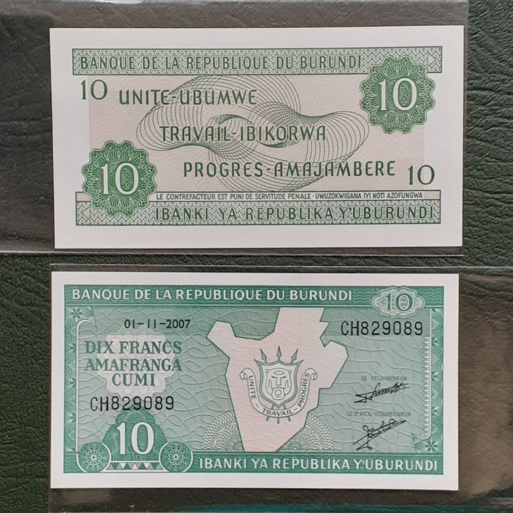 Uang kuno asing 10 Francs Burundi tahun 2007 UNC