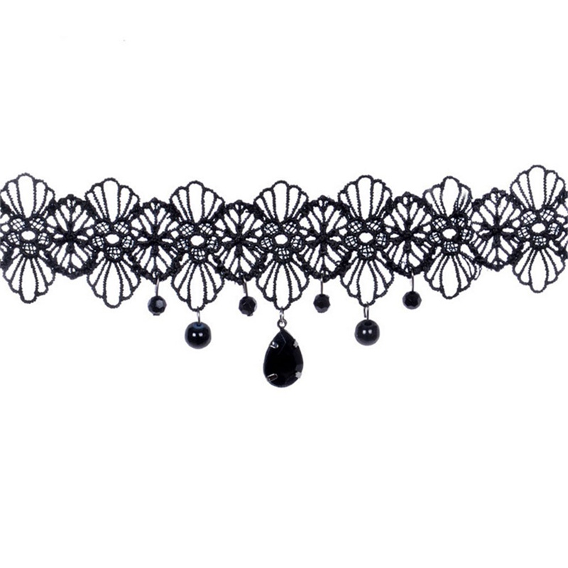 Kalung Choker Bahan Lace Motif Bunga Warna Hitam Gaya Gothic Retro