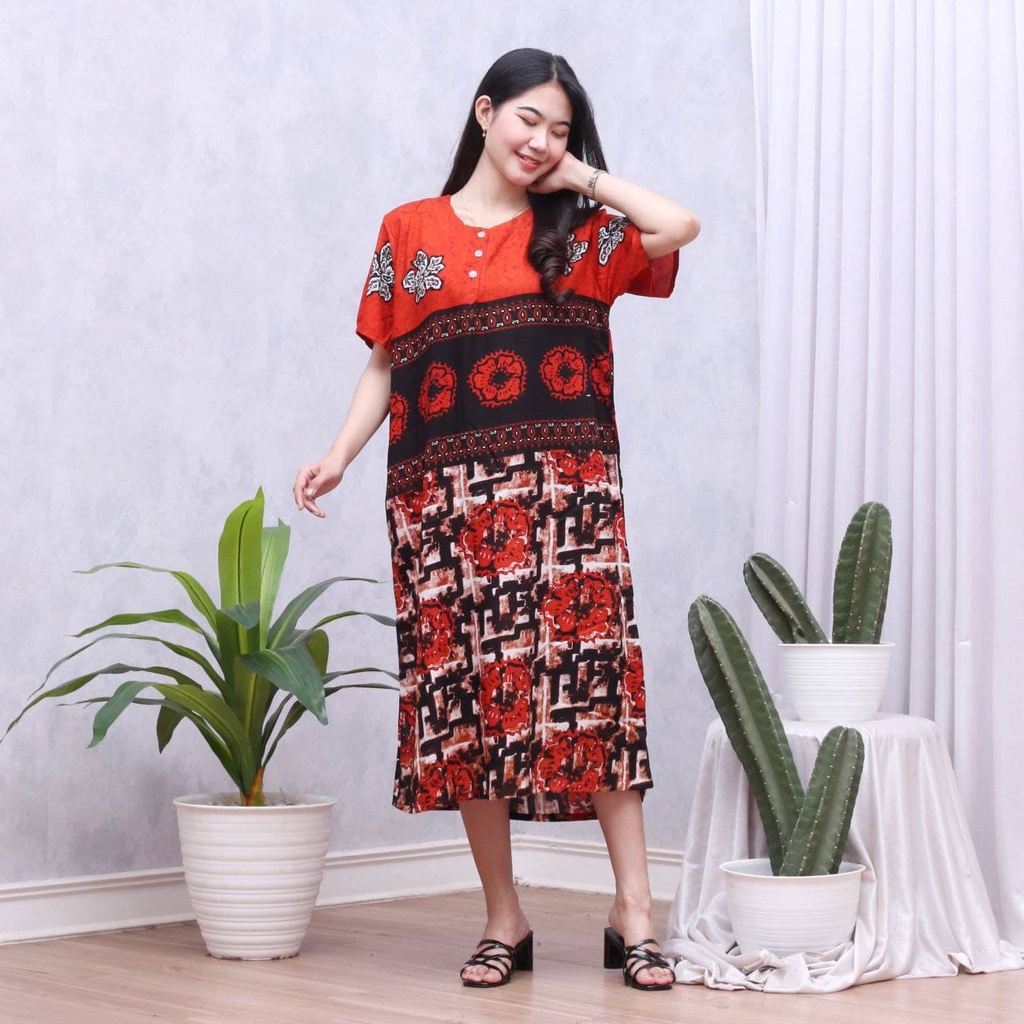 Daster Batik Prass - Motif Abstrak - Leher Kancing - Busui - Bumil - Centini Hitput-Silvanna Orange
