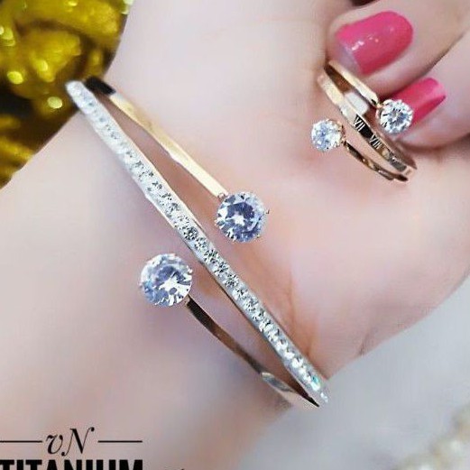 set perhiasan titanium gelang bangle dan cincin xuping berlian