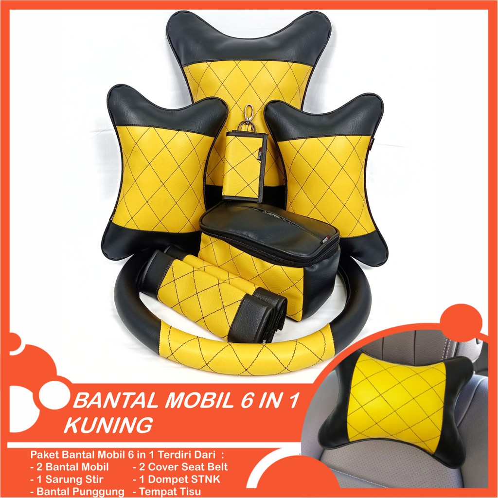 Set Bantal Mobil 6 in 1 Premium Bantal Leher Pinggang Cover Stir Seatbelt Tempat Tisu Free  Dompet STNK