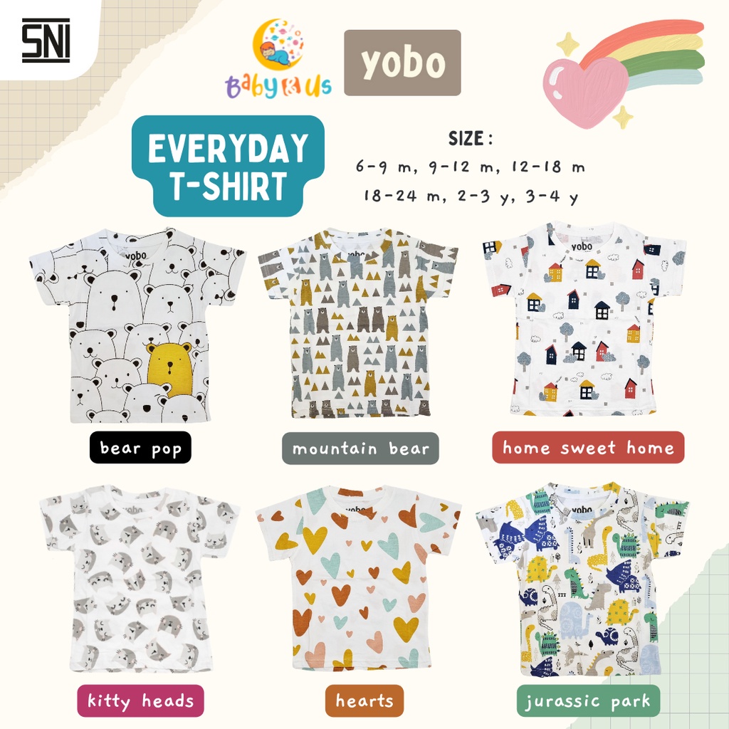 Yobo Everyday T-Shirt - Kaos Oblong Print Santai Bayi Anak 6-9 9-12 bulan 1-2 2-3 3-4 tahun