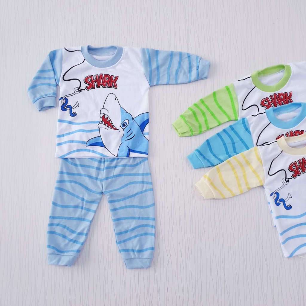 setelan panjang piyama anak cowo usia 0-12 bulan / baju tidur bayi laki-laki shark &lt; 1 tahun