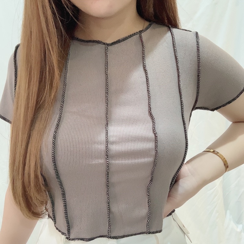 Stitch Knit Crop Top Short Sleeve | Baju Kaos Atasan Lengan Pendek Model Terbalik Jahit Bolak Balik | Maimon Grosir