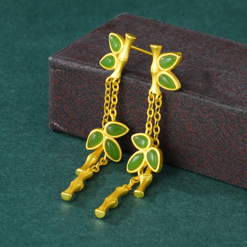 Anting Stud Emas Emas Asli Kadar 375Desain Bambu Girl Hetian Jade Rumbai Gaya Vintage Korea