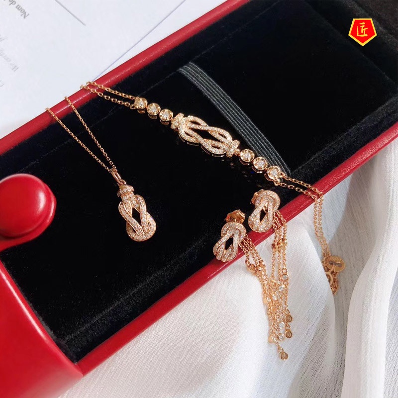 [Ready Stock]Fashion Luxury 18K Gold Full Diamond Bracelet Necklace Ear Stud