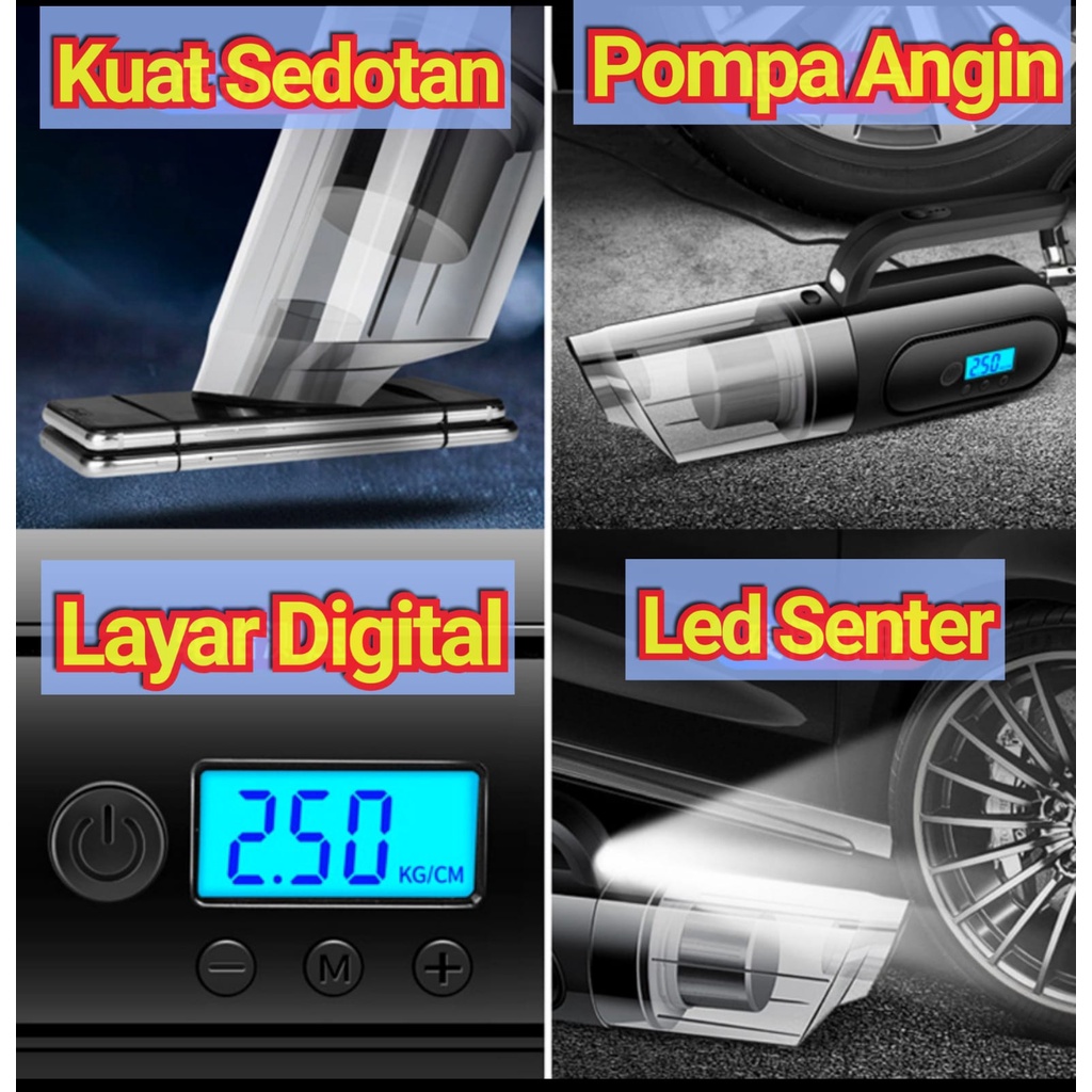 4in1 Vacuum Cleaner Mobil Portable Vacum Vakum Penyedot Debu + Pompa Angin Layar LED Digital