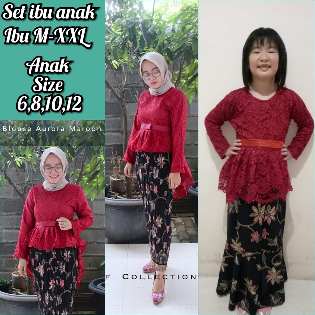 Couple Stelan Kebaya Asmi Kombi Rok Plisket dan Rok Duyung Batik Ibu dan Anak