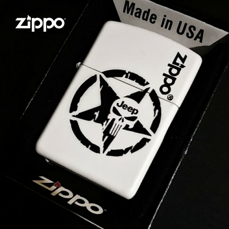 ZIPPO WHITE MATTE JEEP SKULL DESIGN SUPER MIRROR PREMIUM QUALITY BISA REQUEST CUSTOM DESAIN ANDA