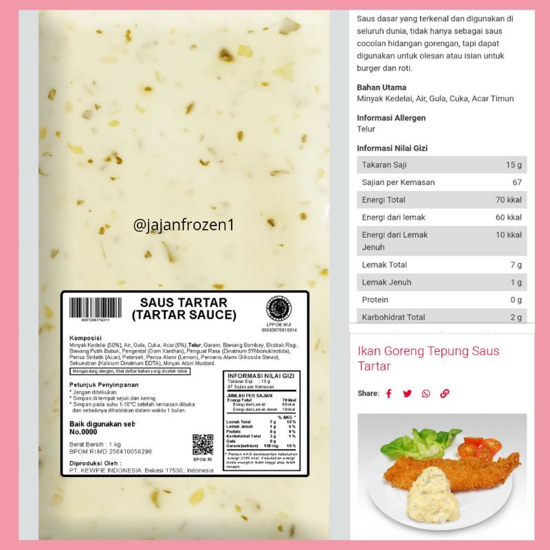 kewpie Tartar Sauce 1 kg | Saus Tar Tar Cocolan | Saos Tar-tar