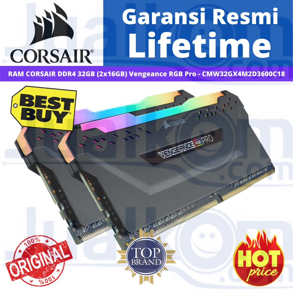 Ram Corsair DDR4 Vengeance RGB PRO 32GB (2x16GB) DRAM 3600MHz CMW32GX4M2D3600C18 Resmi