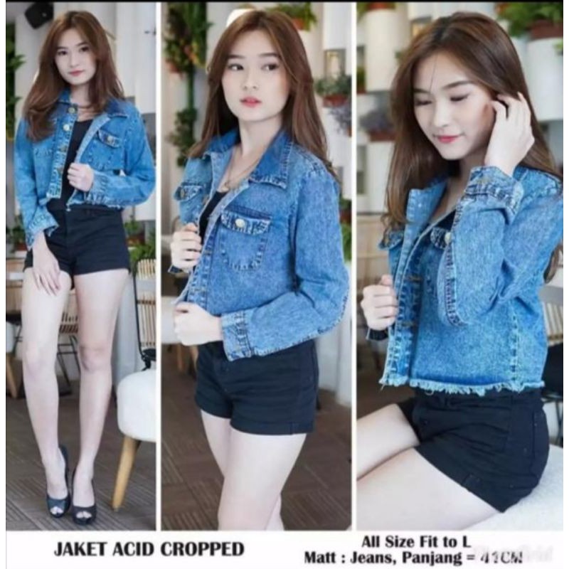 Toply shop COD Jaket Crop Rawis  Jeans Tebal. SNOW BLUE