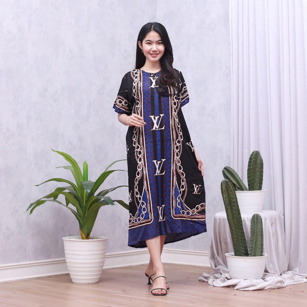 Daster Batik Lengan Pendek - Motif Daun - Leher Kancing (DPT001-133) Batik Prass-PHARSA BIRU